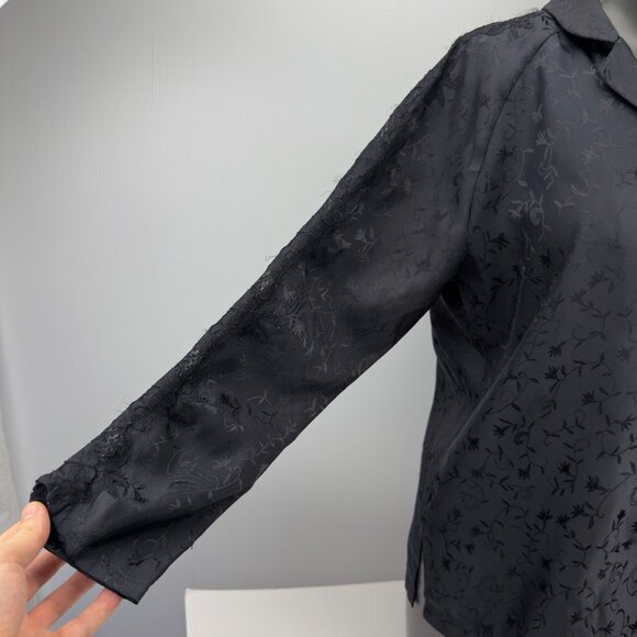 VOGUE Dessous VTG Jacquard Satin Button Front Long Sleeve‎ Black Pajama Set Sz M - Picture 7 of 16